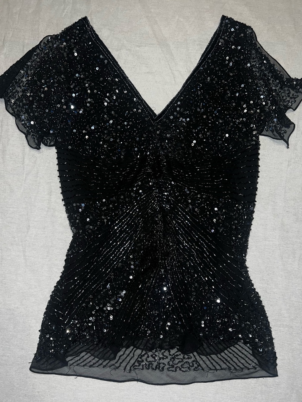Vintage 90’s glam 100% silk sheer hand-beaded blouse with flutter sleeves
